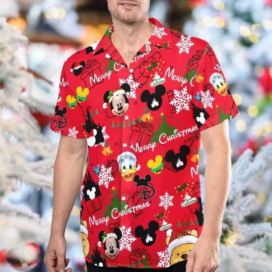 Discover Cute Mickey And Friends Have A Very Merry Christmas Red Themed Hawaiian Shirt