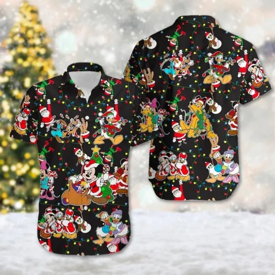 Discover Awesome Mickey And Friends Santa Hat Christmas Lights Xmas Gift Hawaiian Shirt