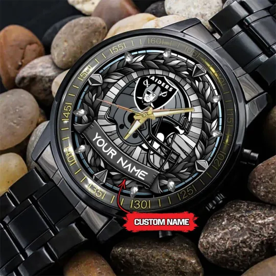 Custom Vegas Team Raiders Stained Art Black Stainless Steel Watch