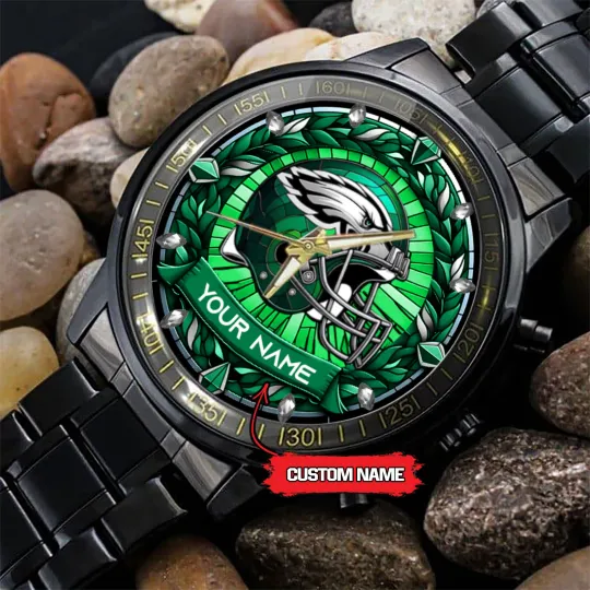Discover Custom Philadelphias Team Eagles Stained Art Black Stainless Steel Watch