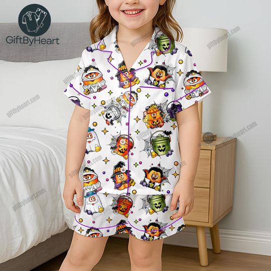 Halloween Pajama Set for Kids, Witchy Pumpkin PJs, Halloween Sleepwear, Casual Comfy Short Sleeve Top & Shorts, Halloween Gift for Kids