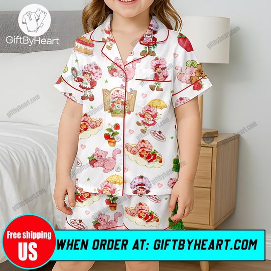 Strawberry Shortcake Pajama Set for Kids, Cute Pink Cartoon Sleepwear, Vintage Strawberry PJs, Summer Short Sleeve Pajamas for Girls