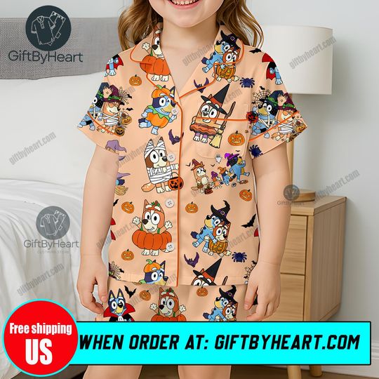 Booey Kids Pajama Set, BlueyDad Halloween PJs for Kids, Cute Halloween Sleepwear, Blue Dog Halloween Pajamas for Children