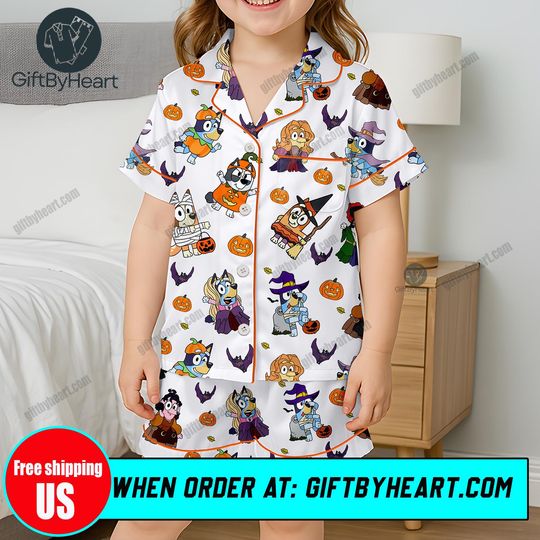 Booey Kids Pajama Set, BlueyDad Halloween PJs for Kids, Cute Halloween Sleepwear, Blue Dog Halloween Pajamas for Children