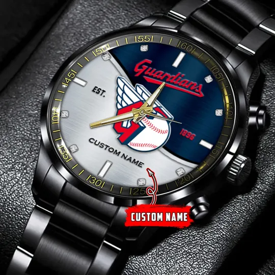 Discover Custom Cleveland Team Guardians Baseball Black Stainless Steel Watch