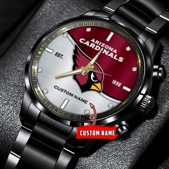 Discover Arizonas Team Cardinals Bi Color Football Black Stainless Steel Watch With Box