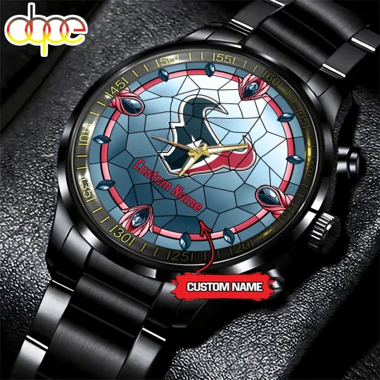 Discover Custom Houstons Team Texans Stained Glass Black Stainless Steel Watch