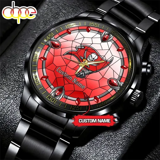 Custom Tampa-Bays Team-Buccaneers Stained Glass Black Stainless Steel Watch