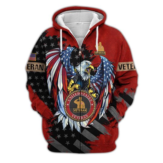 Bald Eagle Sweatshirt Veteran Zip-Up Hooded Military Hoodie American Flag Hoodies