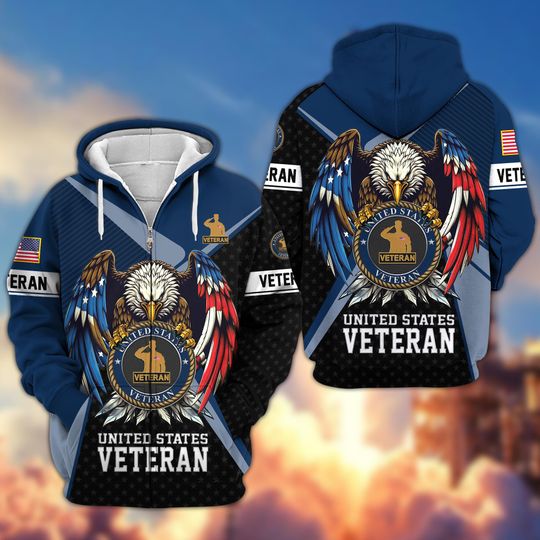 Veteran Zip-Up Hoodie For Men, Designed With American Eagle Hoodie