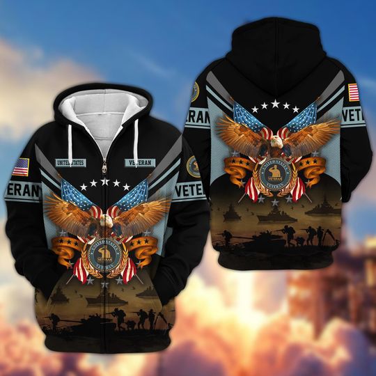 Discover Military Veteran Zip Hoodie, Featuring Patriotic American Flag & Eagle Design, Perfect Gift for Veterans, Great for Veterans Day
