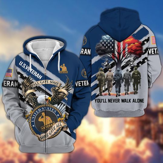Patriotic Veteran Zip-Up Hoodie for Men, Featuring Military American Flag & Eagle