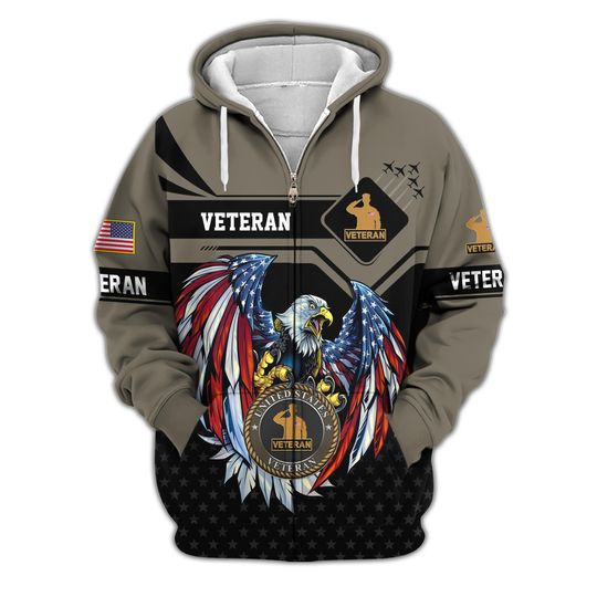 All Over Printed Veteran Zip-Up Hooded Sweatshirt Bald Eagle American Flag Hoodie