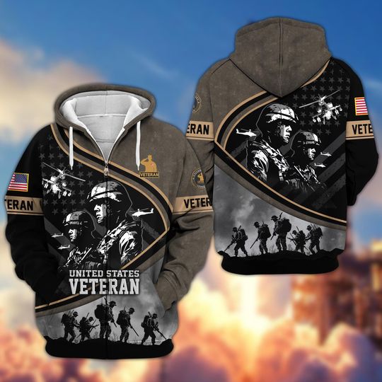 Discover Veteran Zip Hoodie for Men, Patriotic American Flag Design, Military Hoodie, Veteran Gift