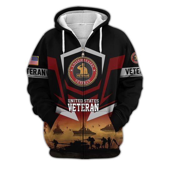 Veteran Zip-Up Hoodie, Patriotic Hoodie, American Flag Military Hoodie for Men