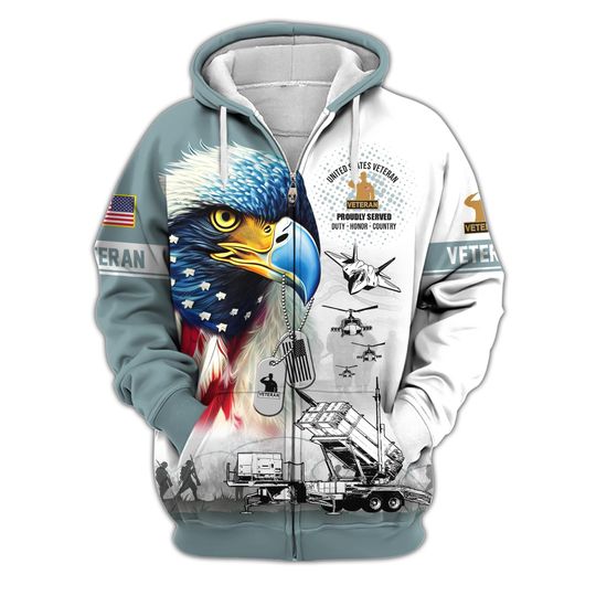 Duty Honor Country Veteran Zip-Up Hooded Military Hoodies American Eagle Hoodies