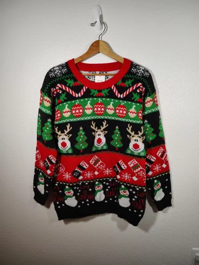 Christmas Ugly Sweater Large Black Let It Snow Holiday Gift Snow Man Rain D