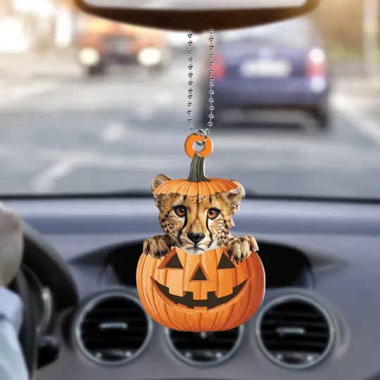 Discover Personalized Cheetah Pumpkin Car Ornament, Cheetah Halloween Ornament Gift Decor