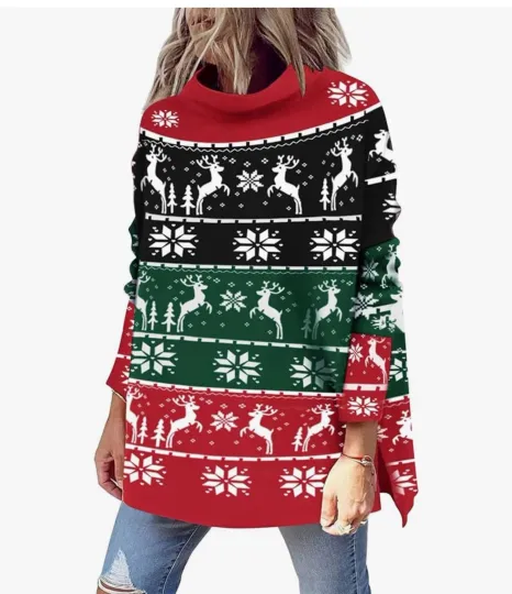Ugly sweater Christmas snow Turtleneck Sweater oversized split hem Pullover top
