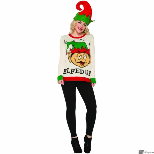 Discover Adult Humor Elfed Up Holiday Acrylic Ugly Christmas Sweater, White Red