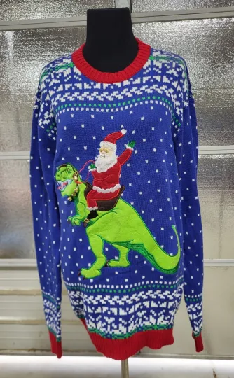 Discover 33 Degrees Size Medium- Dinosaur Christmas Sweater - Blue Multicolor - Ugly -NWT