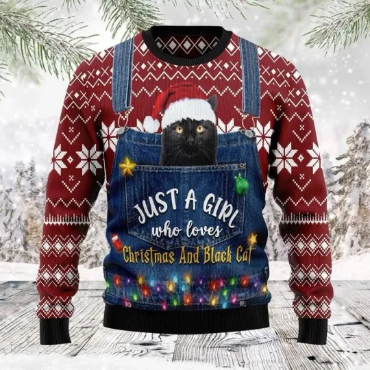 Discover Just A Girl Who Loves Christmas Black Cat Ugly Sweater Cat Xmas Sweatshirt