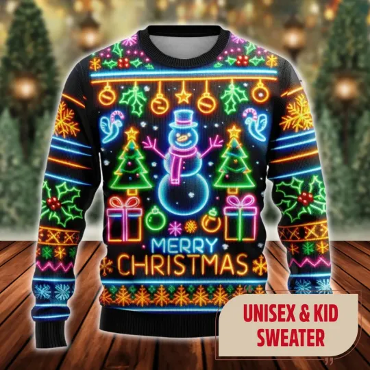 Discover Christmas Bright Neon Lighting Ugly Sweater, Santa Claus Ugly Christmas Pattern