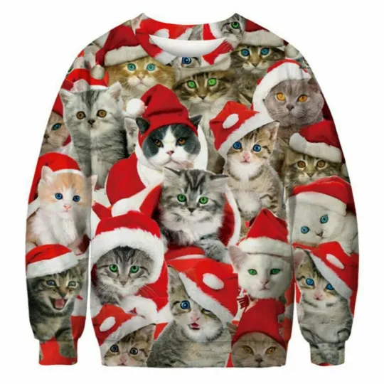 Discover Women Girl Ugly Christmas Sweater Cute 3D Cat Festive Sweatshirt Xmas Tops