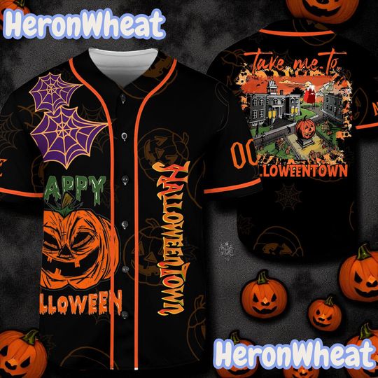 Custom Halloween Hometown Baseball Jersey, Scary Pumpkin Shirt, Fall Season Outfit, Spooky Halloweentown Jersey, Happy Holiday Gift Jersey