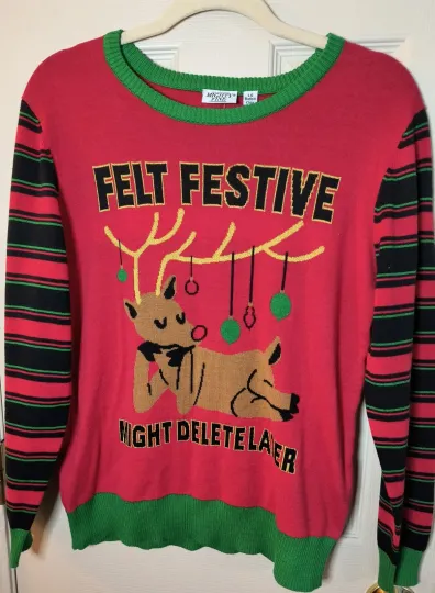 Discover Ugly Christmas Sweater FELT FESTIVE MIGHT DELETE Reindeer Size L NWT