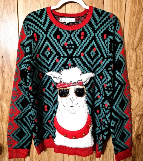 Joy Sweaters Ugly Christmas Sweater Womens Llama Medium Green Holiday Pullover