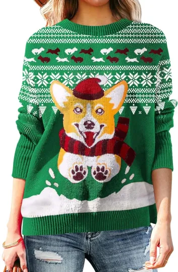 Christmas ugly sweater Knitted Pullover Jumpers husky santa green soft cozy top