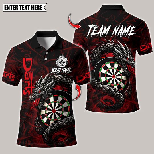 Discover Personalized Name Dart Polo Shirt, Darts Custom Black And Blue Flame Dragon Design ,Custom Team Shirt for Men, Gift for Darts Players