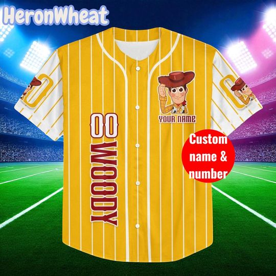 Discover Custom Toy Story Woody Yellow Baseball Jersey, Personalized Disney Team Jersey for Kids & Adults, Matching Family Trip Outfit Jersey