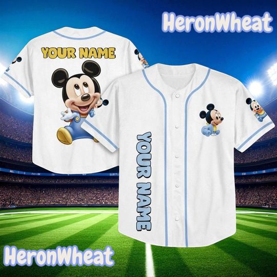 Discover Custom Baby Mickey Baseball Jersey  Personalized White Disney Shirt for Kids & Toddlers, Cute Gift Idea for Fans and First Disney Trips