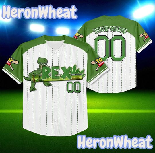 Discover Custom Rex Toy Story Jersey  Personalized Green Dinosaur Baseball Shirt, Disney Matching Outfit for Kids & Adults, Toy Story Team Jersey