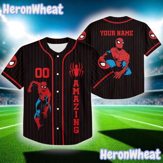 Custom Spider-Man Black Striped Jersey  Personalized Marvel Shirt for Kids & Youth, Amazing Superhero Gift Jersey