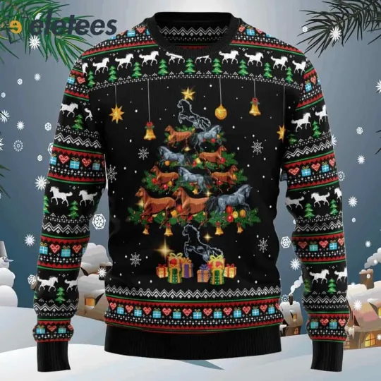 Horse Christmas Tree Black Ugly Christmas Sweater 2AGI1JMQ
