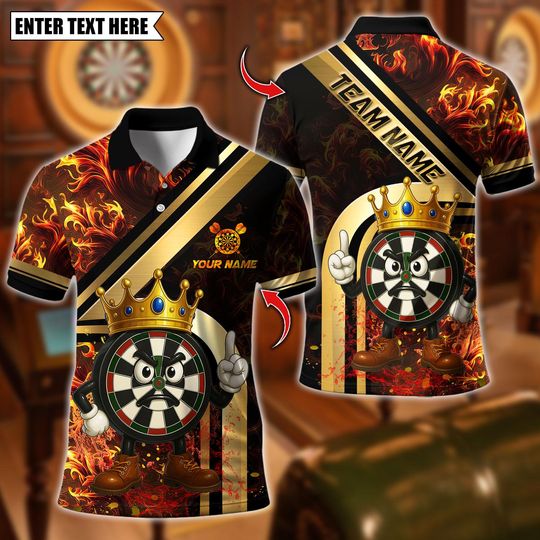 Discover Personalized Name Dart Polo Shirt, Funny King Dartboard Flame Design