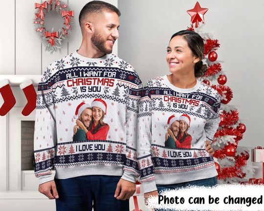 Discover All I Want For Christmas Is You, Personalized Ugly Christmas Sweater for Couple, Custom Photo Ugly Christmas, Christmas Xmas Gift for Couple