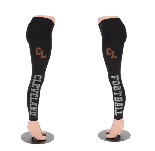 Cleveland Football Leggings with Rhinestones, Women's Gameday Sports Leggings