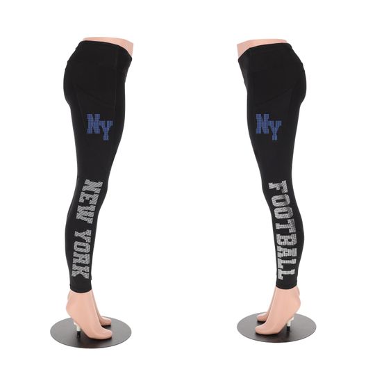 New York Football NYG Leggings, Rhinestone Stretch Pants, Women's Sports Yoga Pants, Game Day Football Style Leggings