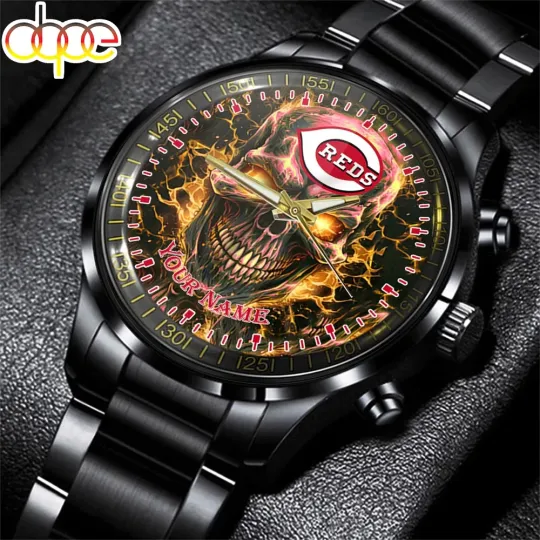 Discover Custom Cincinnatis Team Reds Baseball Skull Black Stainless Steel Watch