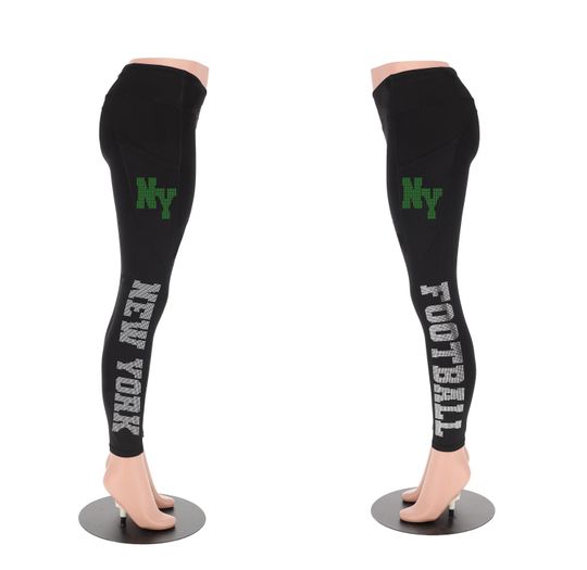 New York Football NYJ Rhinestone Leggings, Stretch Sports Pants, Ladies Football Style Yoga Pants