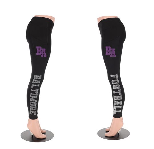 Baltimore Football Leggings, Rhinestone Women’s Game Day Football Pants, Cute Yoga Pants for Game Day