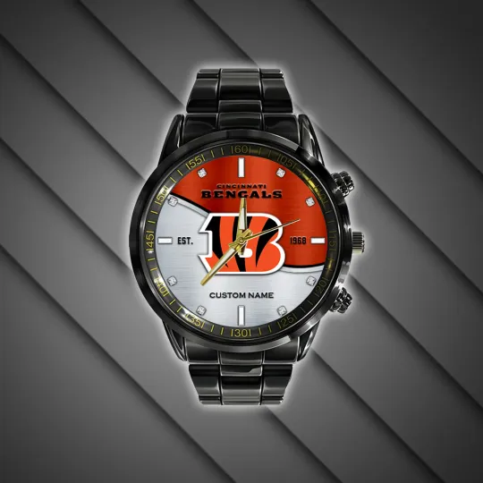 Cincinnati Team Bengals Bi Color Football Black Stainless Steel Watch