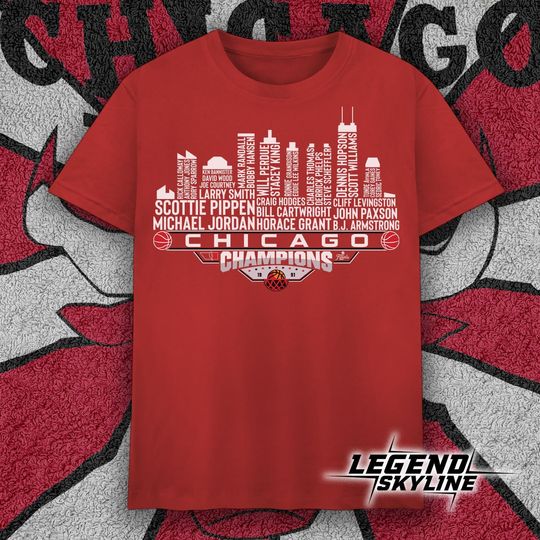Discover Chicago Dream Team Basketball Champions 1991, Chicago City Skyline T Shirt