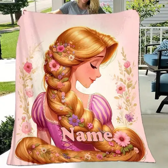 Personalized Rapunzel Princess Blanket with Long Braided Hair and Floral Details