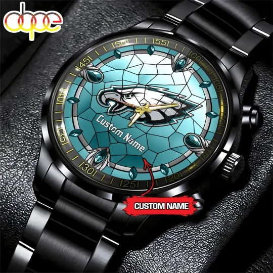 Discover Custom Philadelphias Team-Eagles Stained Glass Black Stainless Steel Watch