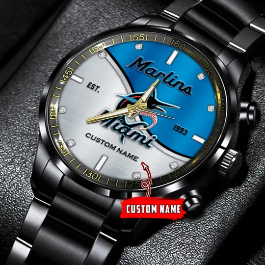 Custom Miamis Team Marlins Baseball Black Stainless Steel Watch